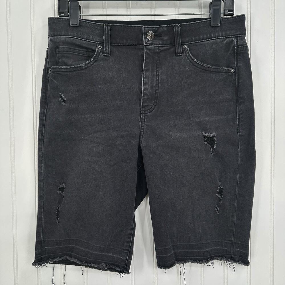 Lularoe Shorts 30 US 10 12 Skinny Bermuda Black Denim Tummy Panel DistressGrunge